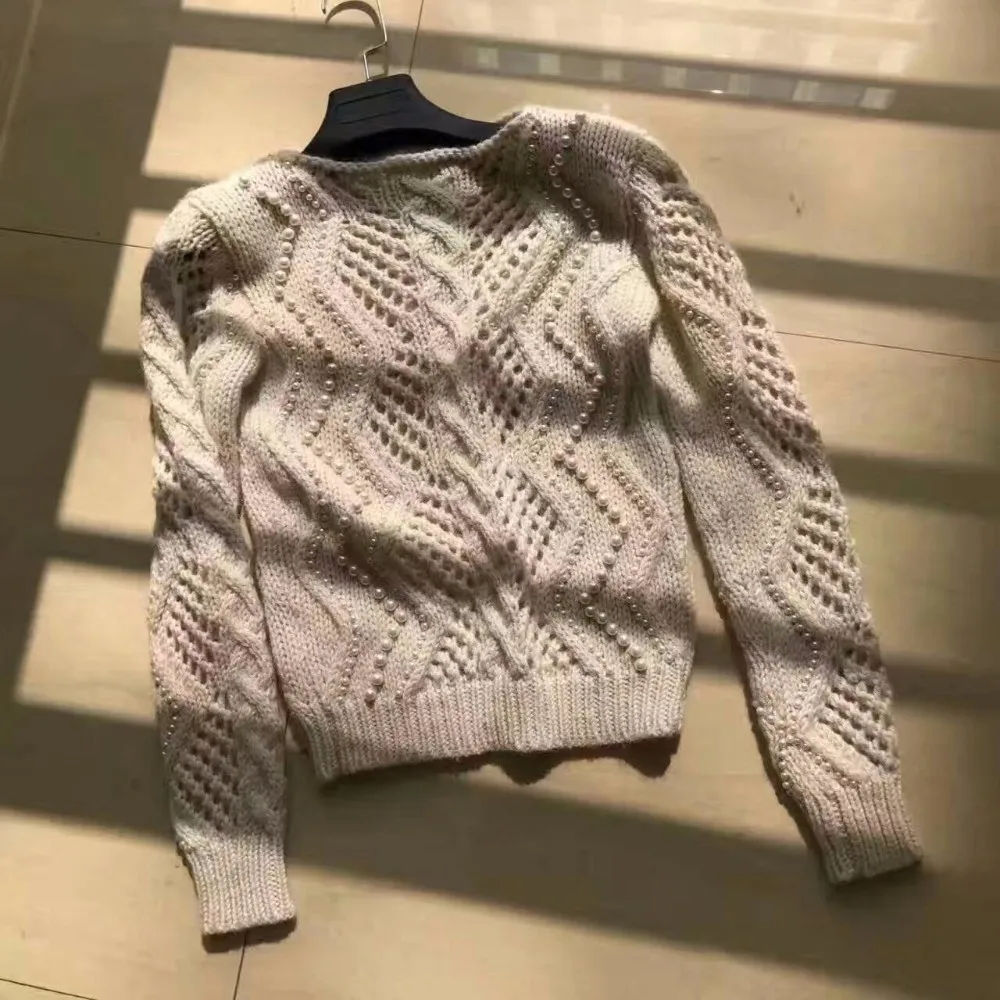 Женские свитера и пуловеры, элегантные женские свитера, Восхитительный вязаный свитер с жемчугом, зимняя теплая одежда pull femme