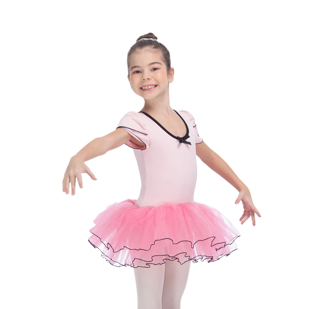 Light Pink and Hot Pink Puffy Sleeve Leotard with Tulle Skirt for
