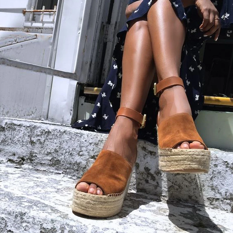 

2019 New Summer Brown Flock Women Platform Sandals Peep Toe Wedge Espadrilles Women Buckle Strap Comfortable Women Sandals