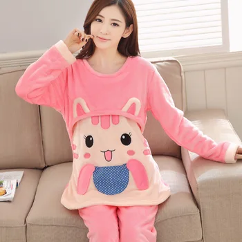 

Thickened Flannel Maternity Breastfeeding Clothes Spring Autumn Warm Pregnant Women Pyjamas Sets Pink Cartoon Cat Sleepwear