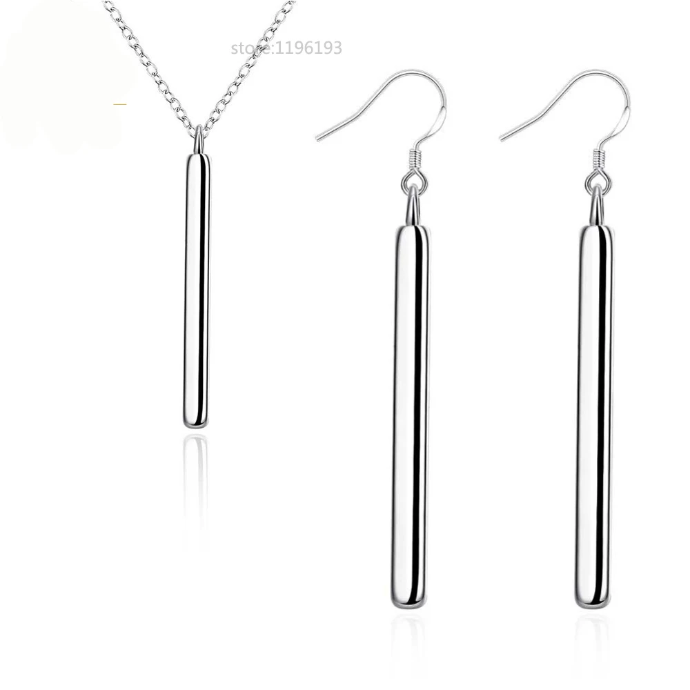 

18" Fashion Silver Color Square Long Stick Pendant Necklace+Drop Earrings for Bridal Jewelry Sets for Wedding Party