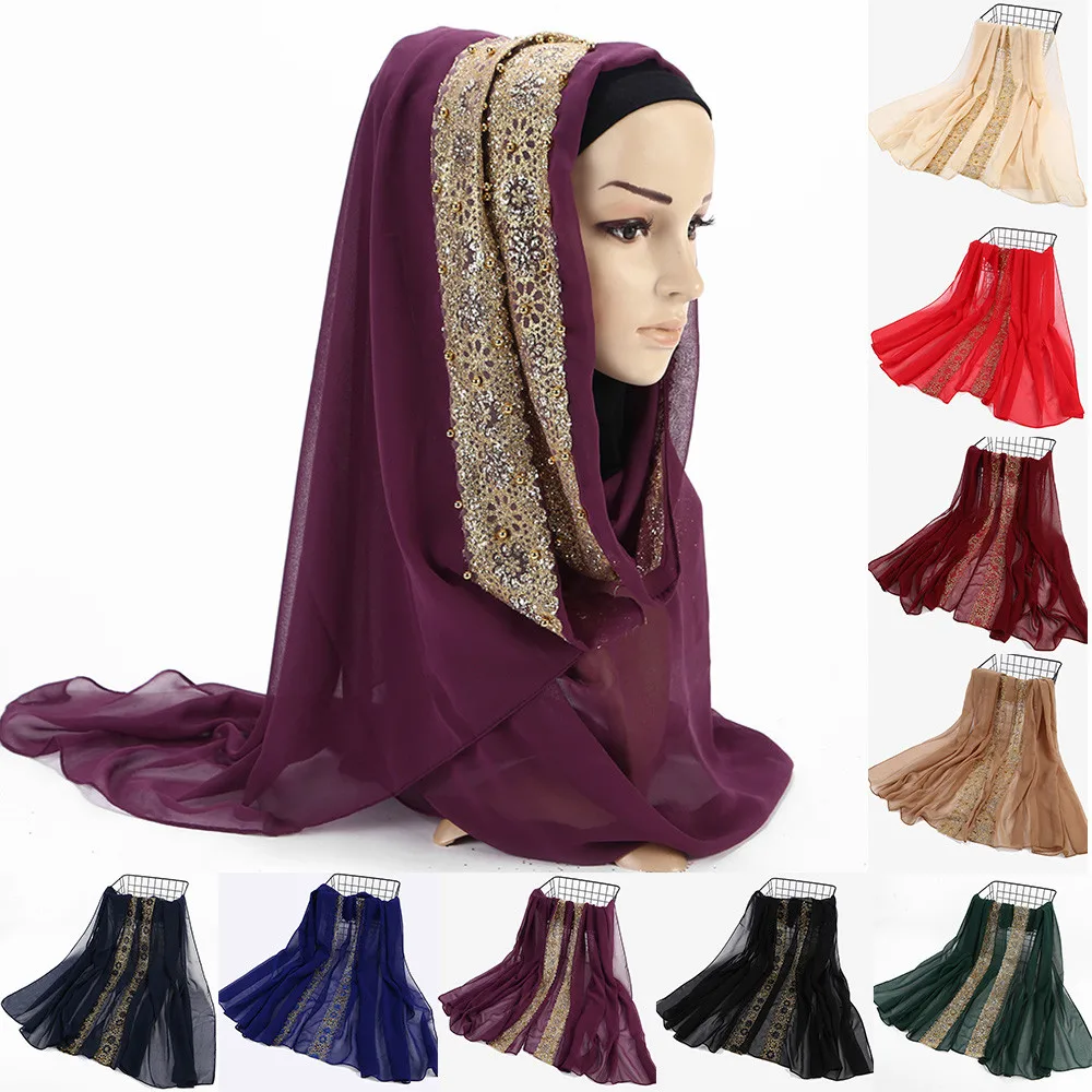 

Fashion Women Ladies Chiffon Scarf Muslim Soft Wrap Long Shawl Sequin Lace Splice Solid Scarves Blanket Brand Designer Scarf4.13