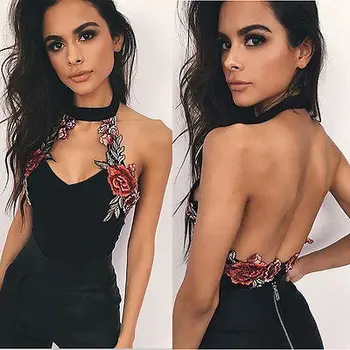 

New Sexy Women V Neck Embroidery Bodycon Backless Sleeveless Bandage Bodysuit Jumpsuit Short Romper Tops