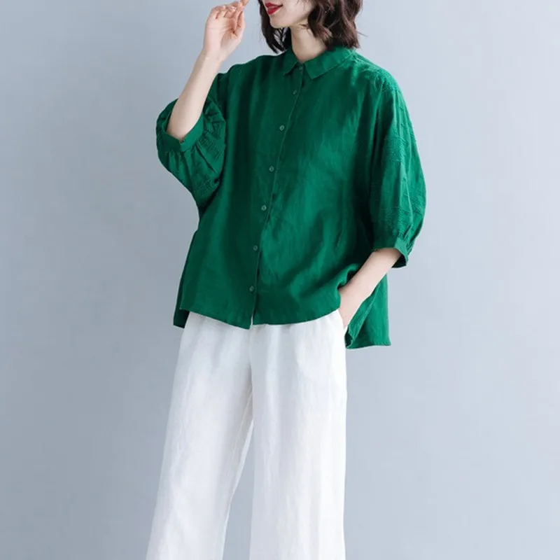 

Johnature Casual Loose Turn-down Collat Half Sleeve Solid Color Batwing Women Tops Blouses 2019 Summer New Simple Shirts