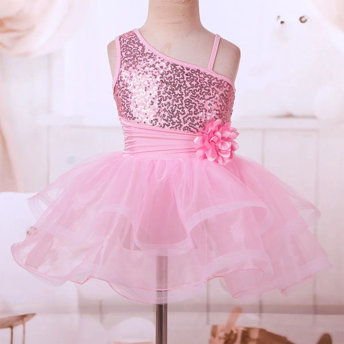 Детская одежда для танцоров для выступлений, платье с одним плечом и блестками, балетные и гимнастические танцевальная пачка, платье - Цвет: Pink