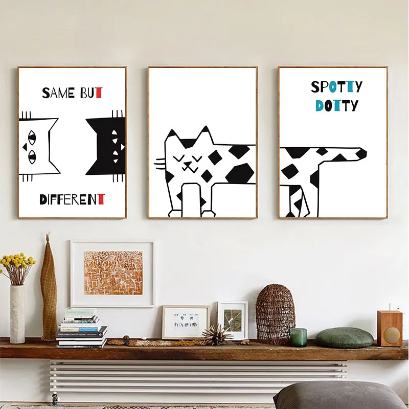 Nordic Canvas Cartoon Black White Cat Wall Art Home Decor Module Living Room Kid Bedroom Painting | Дом и сад