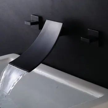 

Basin Faucets Brass black/Nickel Wall Mounted Square Bathroom Sink Faucet 3 Hole Double Handle Hot And Cold Waterfall Taps