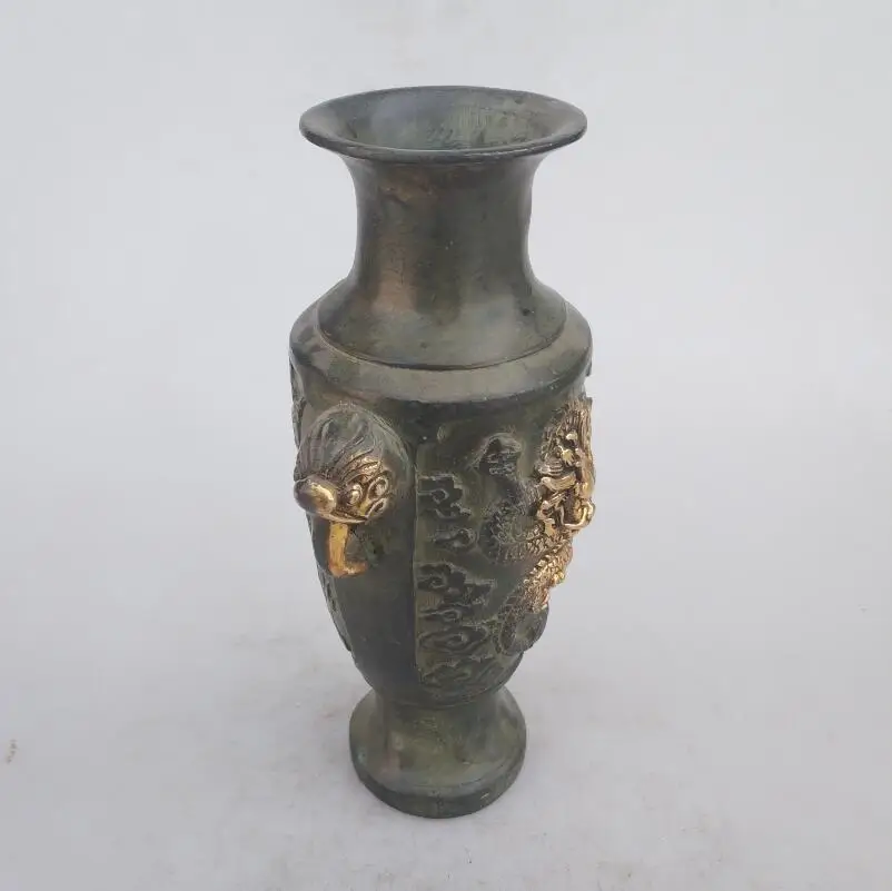Коллекция китайский ручной работы старый Бронзовый позолоченный дракон ваза, украшение дома античная ваза