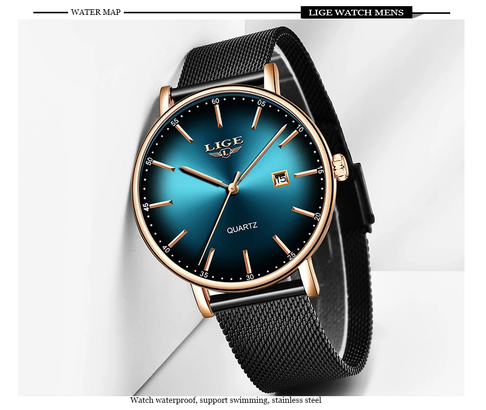 LIGE модные мужские часы Топ бренд класса люкс Синий водонепроницаемые часы ультра тонкий Дата Простые повседневные кварцевые часы мужские спортивные часы