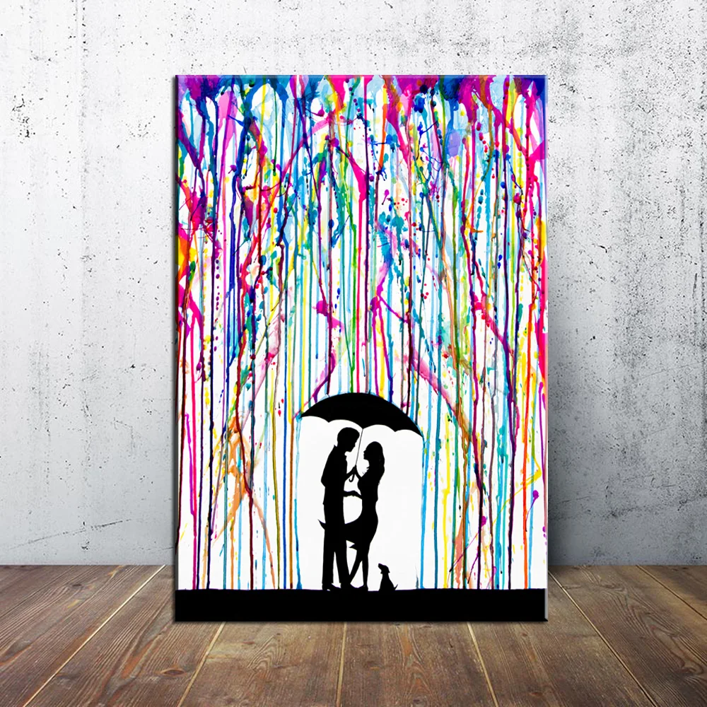 Graffiti Canvas Painting colorful Rain under umbrella,the lover kiss