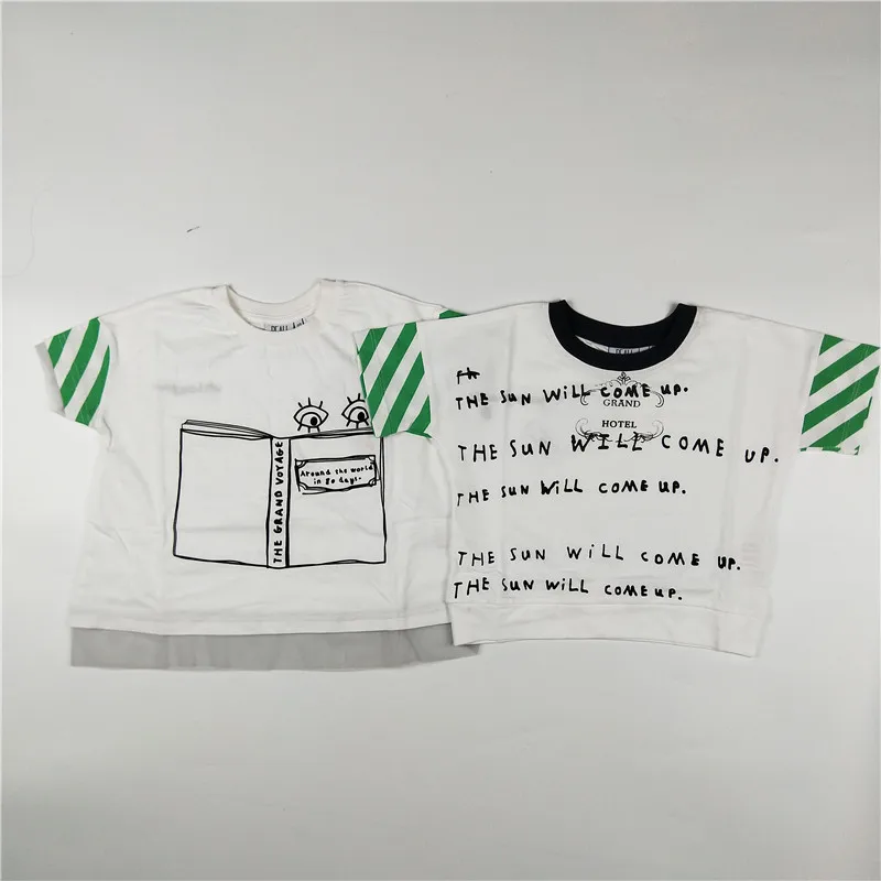 

BOBOZONE Letter print green white striped sleeve t-shirt for kids boys girls tee tops