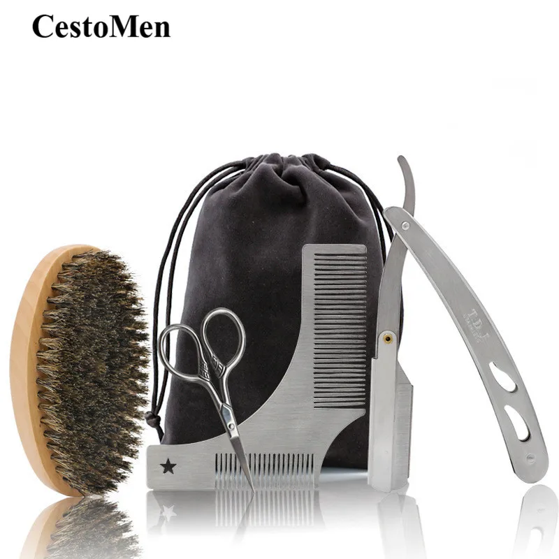 

CestoMen Men's Beard Styling Tools Set With Curved Boar Brush Steel Razor Template Comb Scissors Mustache Grooming Shaving Kit