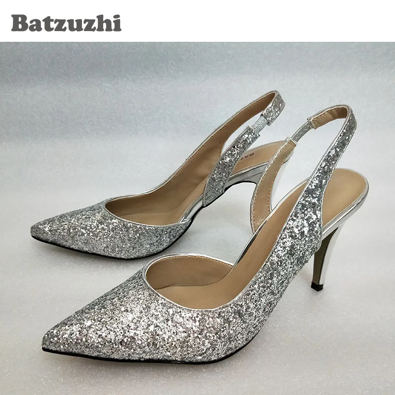 Batzuzhi/роскошные красивые женские туфли на низком каблуке 9 см; Серебристые блестящие женские свадебные туфли с ремешком на пятке; большие размеры 35-43