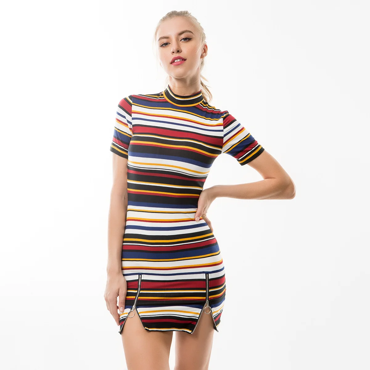 Summer O Neck Short sleeved Dress Striped Dresses Casual Elegant Sheath