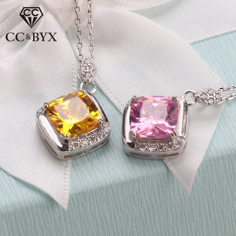 

CC Necklaces Pendants For Women 925 Sterling Silver Cubic Zirconia Square Pink/Yellow Stone Fashion Jewelry No Chain CCN257