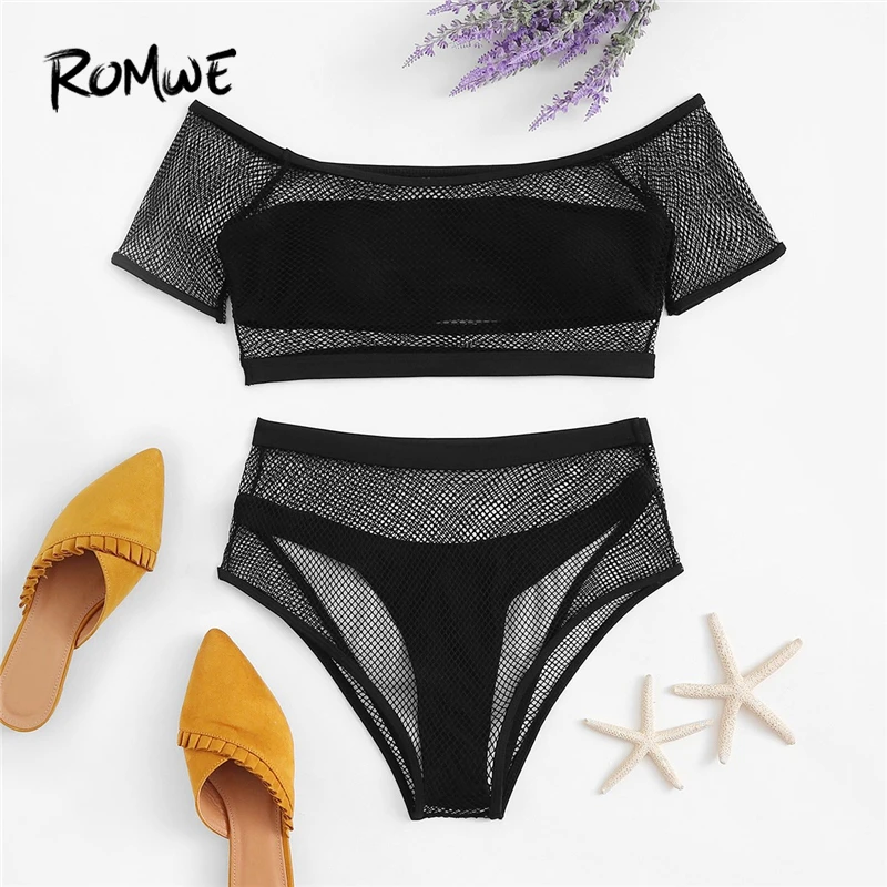 

Romwe Sport Black Off the Shoulder Mesh Fishnet Overlay Two-Pieces Suits 4 pack Women White High Waist Wire Free Beach Swimwear