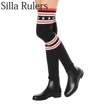 

Silla Rulers 2018 Autumn Winter Knitting Over The Knee Boots Woman Stars Long leg thigh boots Elastic socks boots for women