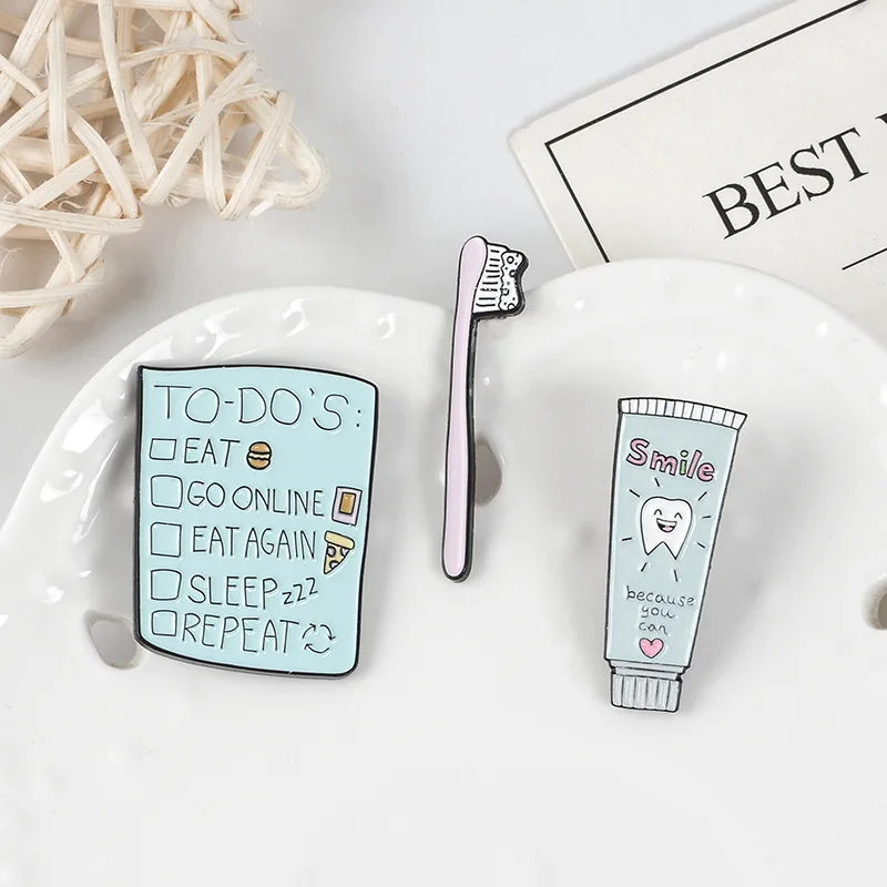 

Fashion Daily Necessities Enamel Brooch Cute Toothpaste Toothbrush and Schedule Brooches Men and women gift lapel pin