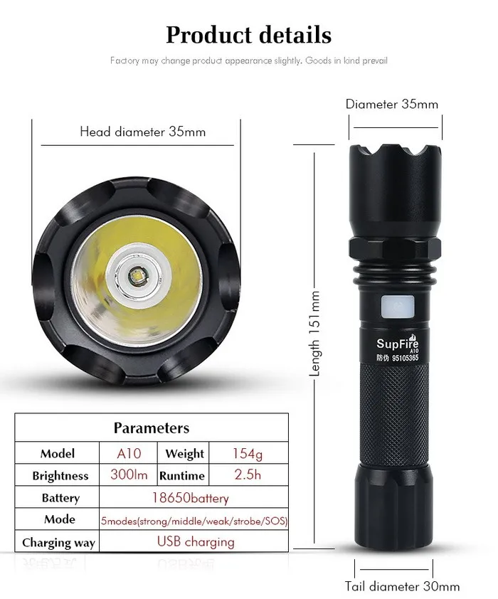 SupFire A10 кри-xpe 240lm 3 Режим USB Перезаряжаемые мини факел Светодиодные фонарики на 18650 аккумуляторная батарея