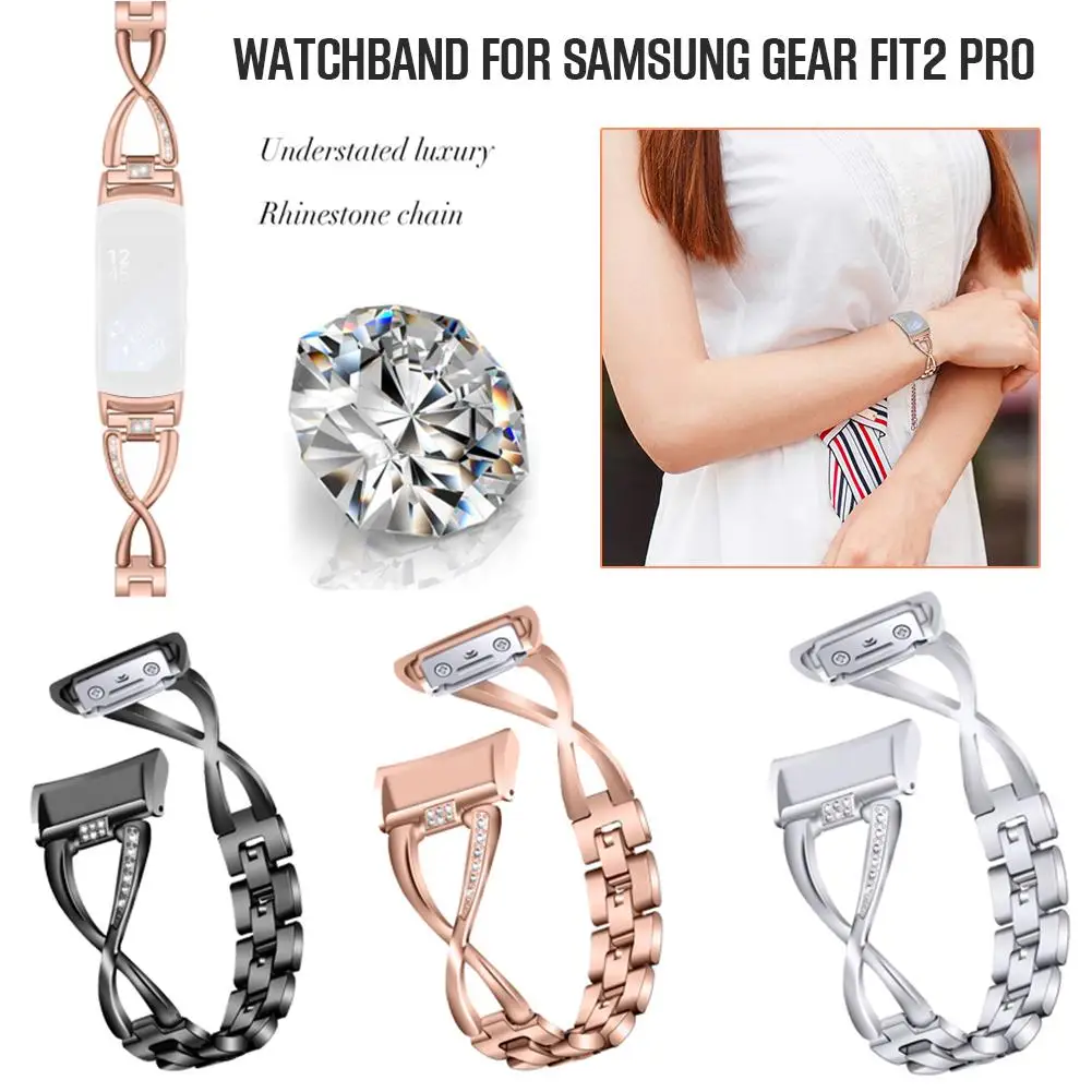 

Replacement Wristband Large X-shaped Rhinestone Stainless Steel Metal Strap Watch Band For Samsung Gear Fit2 Pro Watch