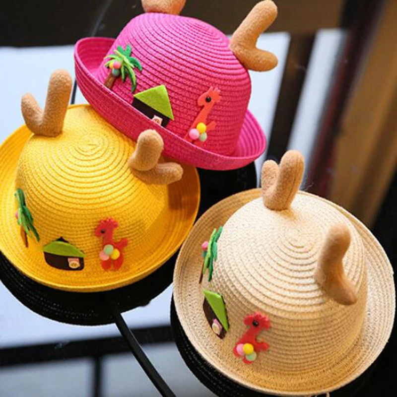 Kids Summer Straw Hat Cute Cartoon Pattern Antler Sunshade Solid Color Beach Hats Sun Protection Short Brim Children Travel Cap9