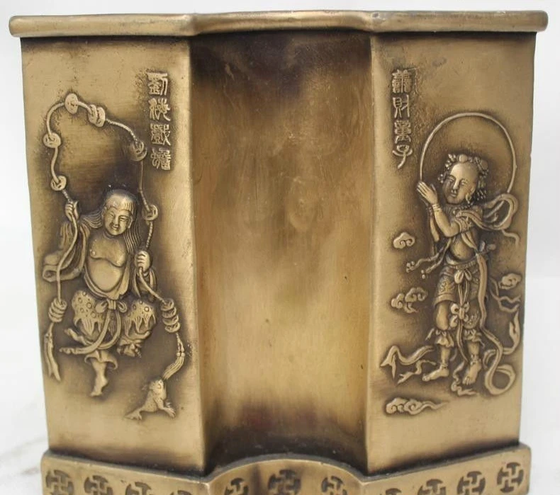 

7"China Chinese Folk Bronze Lucky Boy Girl seven Musician idler immortal brush p