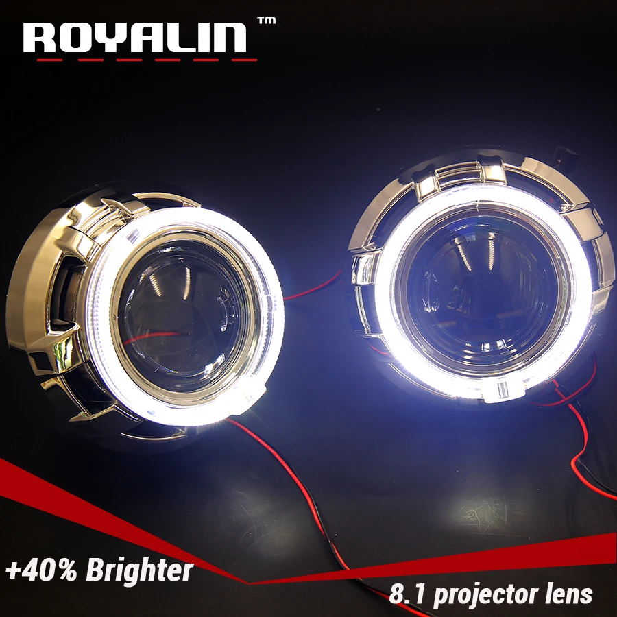 ROYALIN 8.1 Version H1 HID Head Light Mini 2.5 Projector Lens For H4 H7 Auto Lamps w/ LED Angel Eyes Shrouds for Apollo White