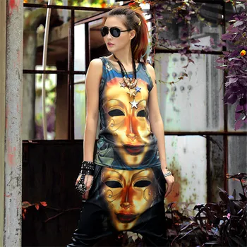 

just.be.never hip hop women suits 2 pieces set vest and pants cartoon metal mask print summer hippie black cotton tight top 90's