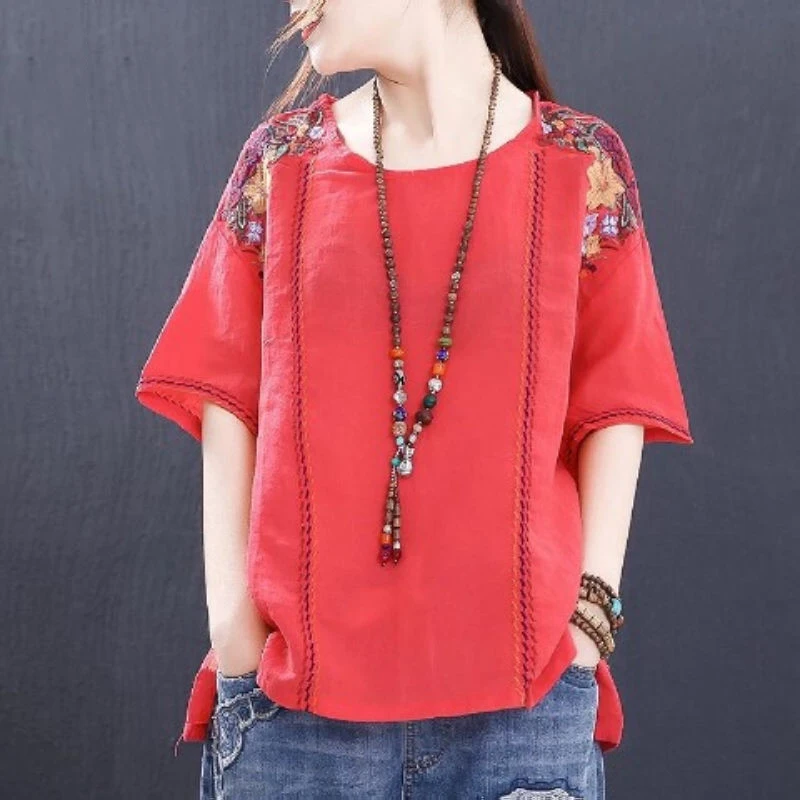 

Ethnic Literary Embroidery Plus size Blouse Women O neck Loose Summer Tops 95% Cotton Short sleeve Tees Ladies Clothes