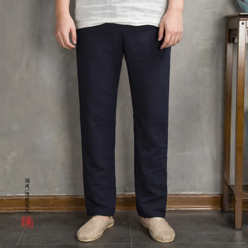  2018 Summer Loose Mens Trousers Pure Color Cotton and Linen Pants Men Cool Breathable Drawstring Pa