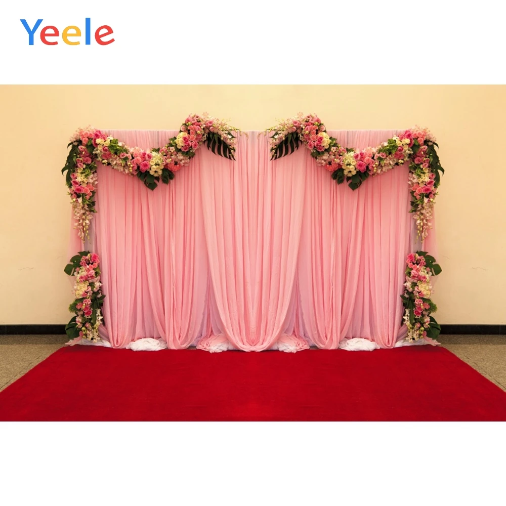 

Yeele Wedding Photocall Flower Pink Curtain Red Carpet Photography Background Customized Photographic Backdrops for Photo Studio