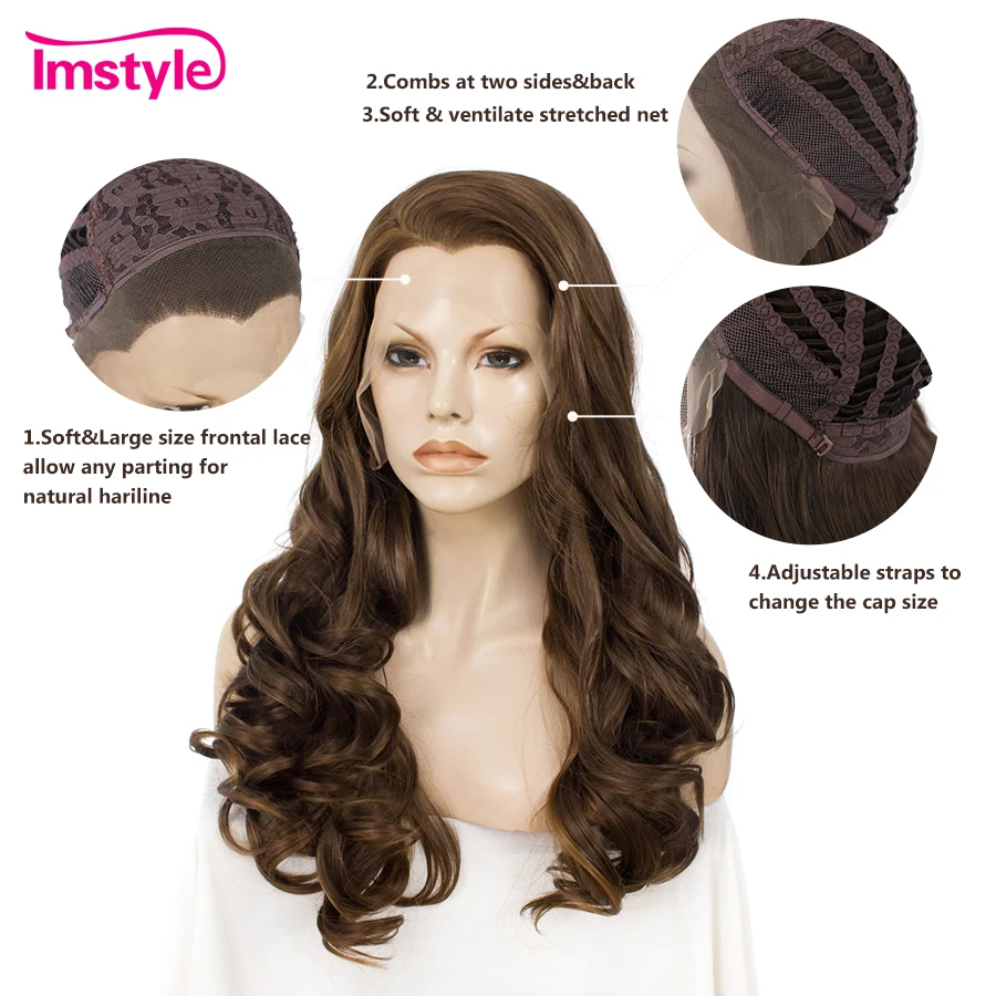 Imstyle парик с кружевом спереди темно-волнистые светло-каштановые коричневые парики для женщин Термостойкое волокно синтетический парик с кружевом 24 дюйма Косплей