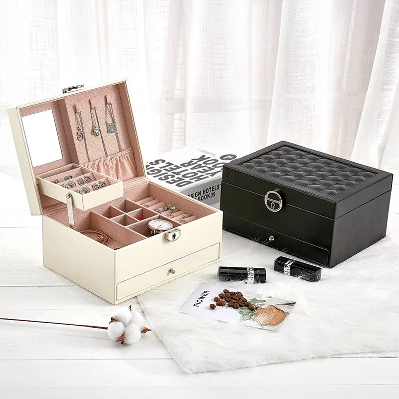 Hot Sale Black Color Leather Jewelry Package Storage Box Carrying Cases Large Space For Earring Ring Necklace Bracelet Organizer