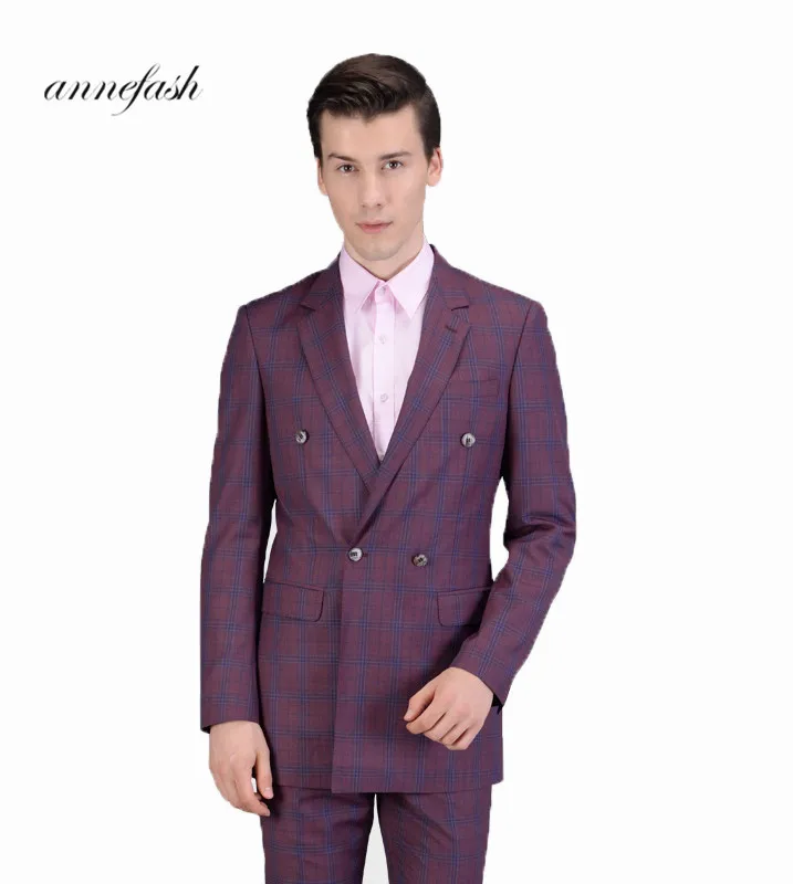 

2018 New style Tailor-made high quality 150's wool dark red windowpane check Suit Men double breast wedding suit