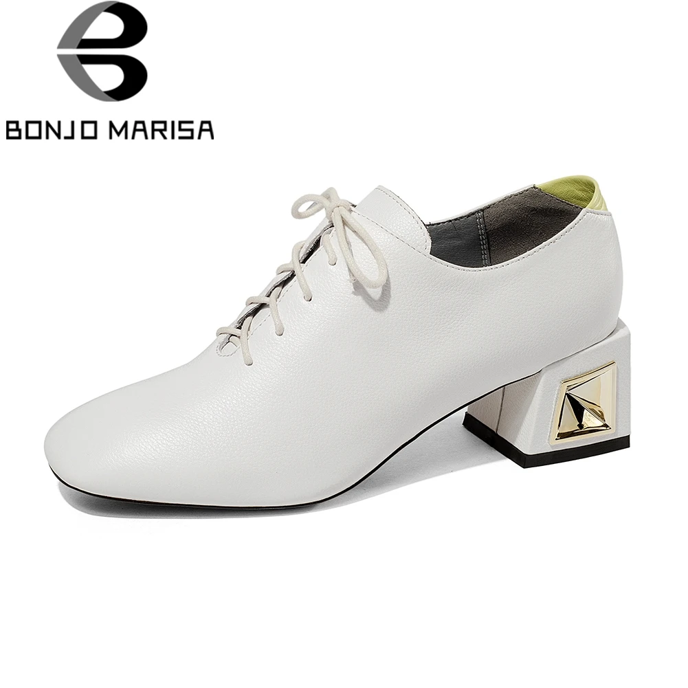 

BONJOMARISA Brand Quality women's Pumps Genuine Leather lace-up Large Size 33-43 Heels Shoes Woman 5 Cm Office Lady Work Shoes