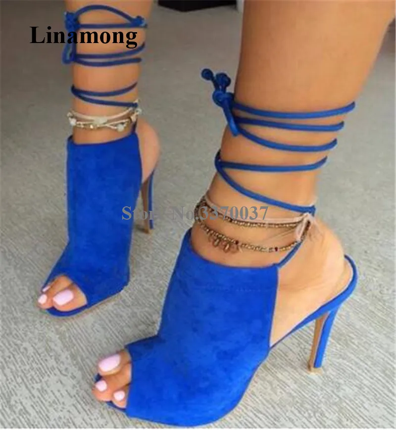 

Western Style Women Fashion Peep Toe Suede Leather Stiletto Heel Gladiator Sandals Lace-up Blue High Heel Sandals Dress Heels
