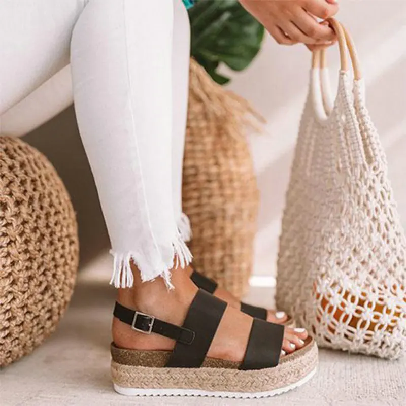 

Fashion Rome Women Sandals Summer Platform Hemp Weaving Wedges High Heels Concise Solid Buckle Ankle-Wrap Sandals Women Shoes