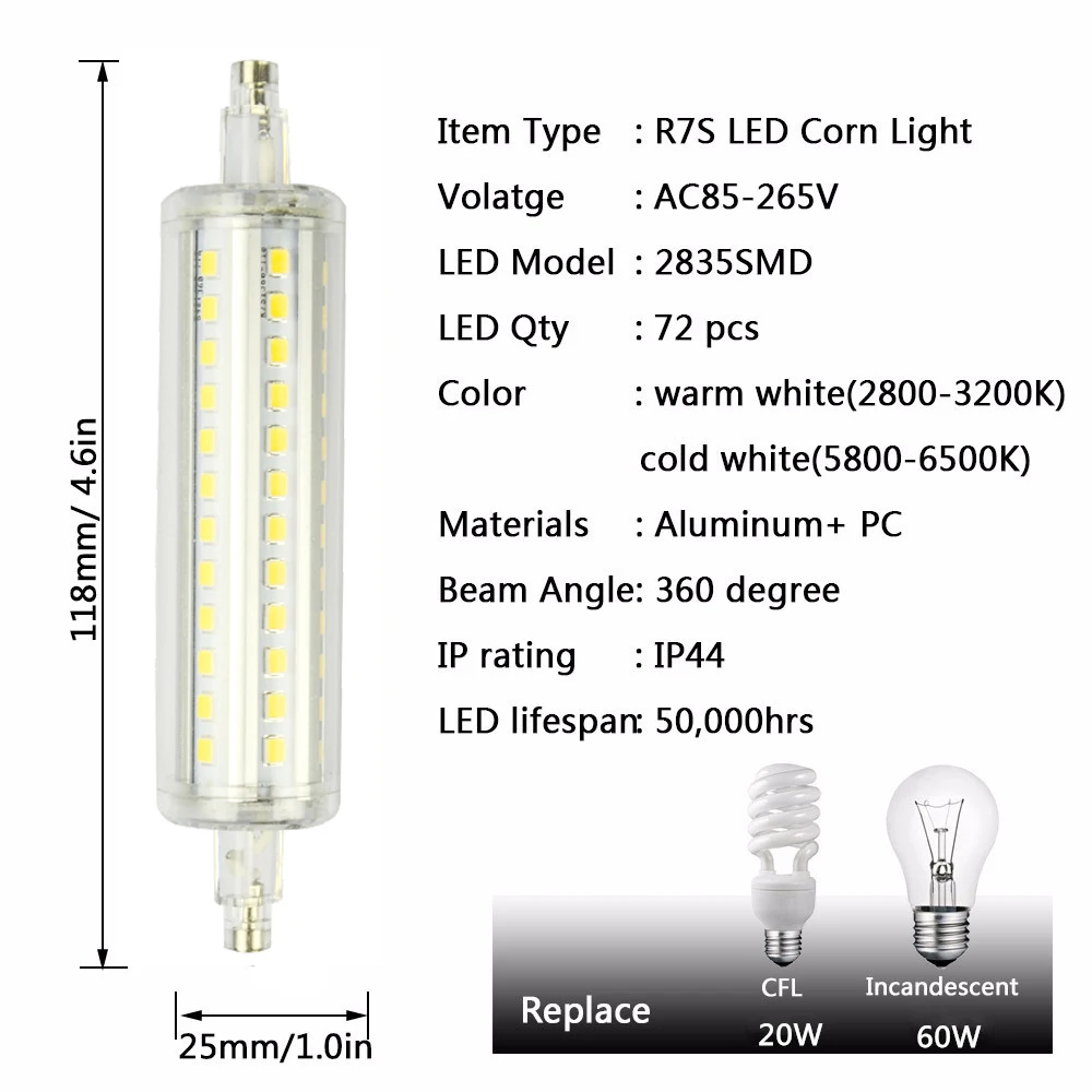Светодиодная лампа R7S LED Corn 2835 SMD 78 мм 118 для замены галогенной лампы AC 85 265 в 9 Вт 15