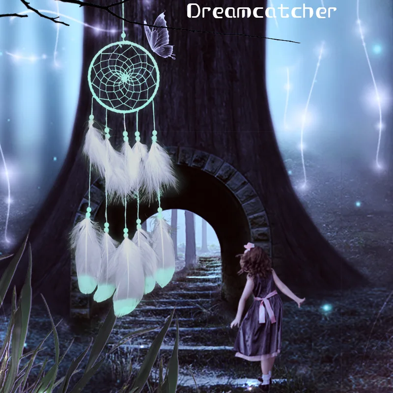

New Creative Luminous Dream Catcher Bedroom Fluorescent Handmade Feather Pendant Home Nordic Decorative Wind Chime Dream Catcher