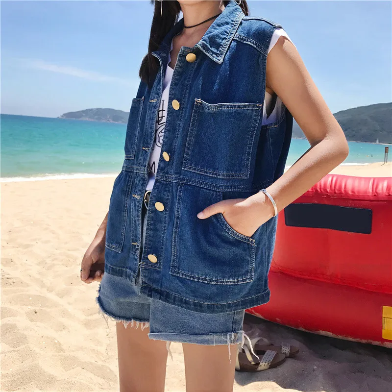 

Summer Denim Vest Women Plus Size 6XL Casual Waistcoat Sleeveless Jacket Ladies Autumn Korean Loose Harajuku Jeans Top Navy blue