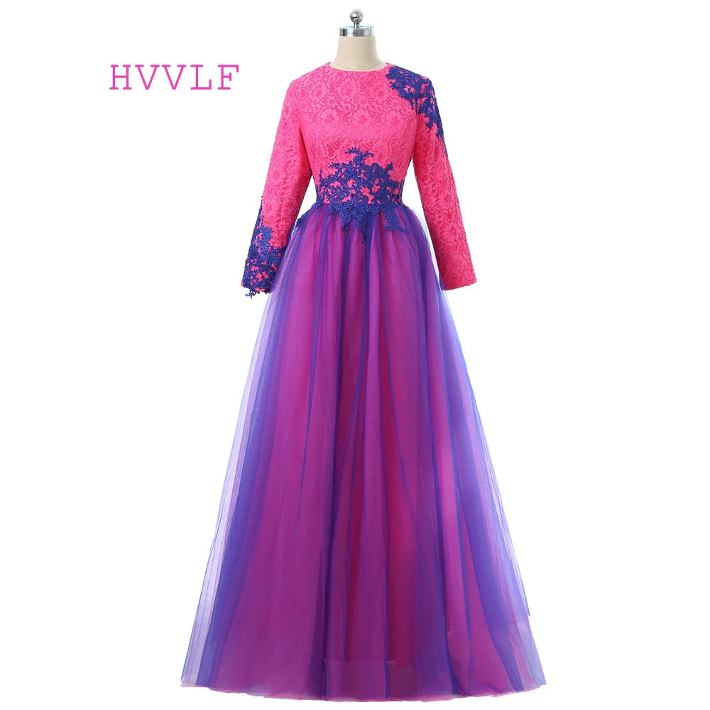 

Muslim Evening Dresses 2019 A-line Long Sleeves Tulle Appliques Lace Scarf Islamic Dubai Kaftan Saudi Arabic Long Evening Gown