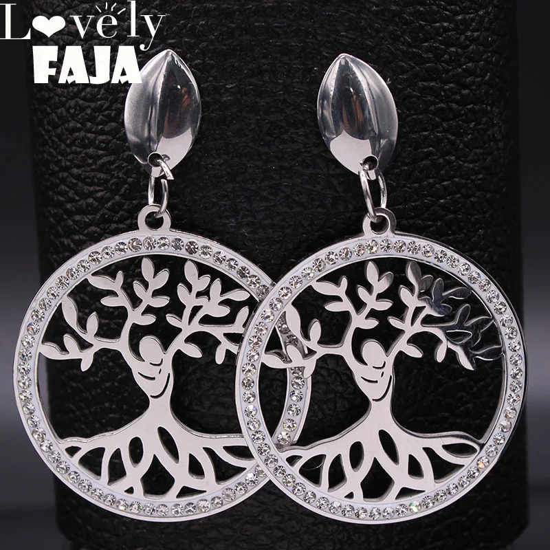 

2019 Fashion Tree of Life Crystal Stainless Steel Stud Earings Women Silver Color Big Earring Jewelry aretes de mujer E612738