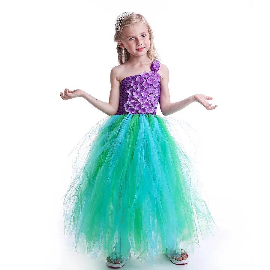Mermaid Kids Princess Tutu Dress Purple Flowers Green Tulle Baby Girls (8)