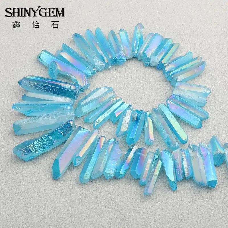 15.5Strand Light Blue AB Titanium Quartz Crystal Top Drilled Point Pendant Beads,Rock Raw Crystal Pillar Beads Jewelry Fashion Jewelry