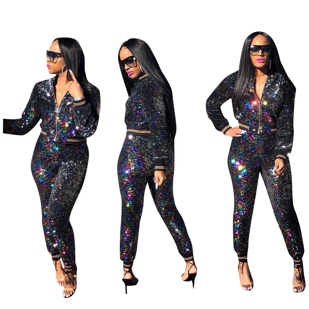 

2019 New Womens glitter silver gradient women's sports suit 2 Piece Set Tracksuit Womens Sets