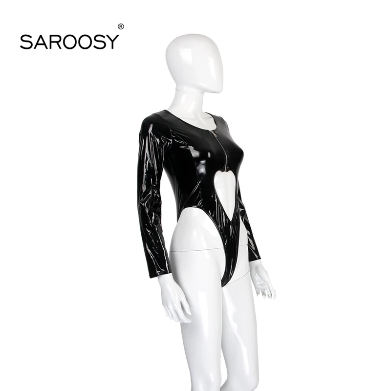 SAROOSY 2018 New Sexy Faux Leather High Elastic Bodysuit for Women Long Sleeves High Cut Clubwear Love Shape Zipper Detail