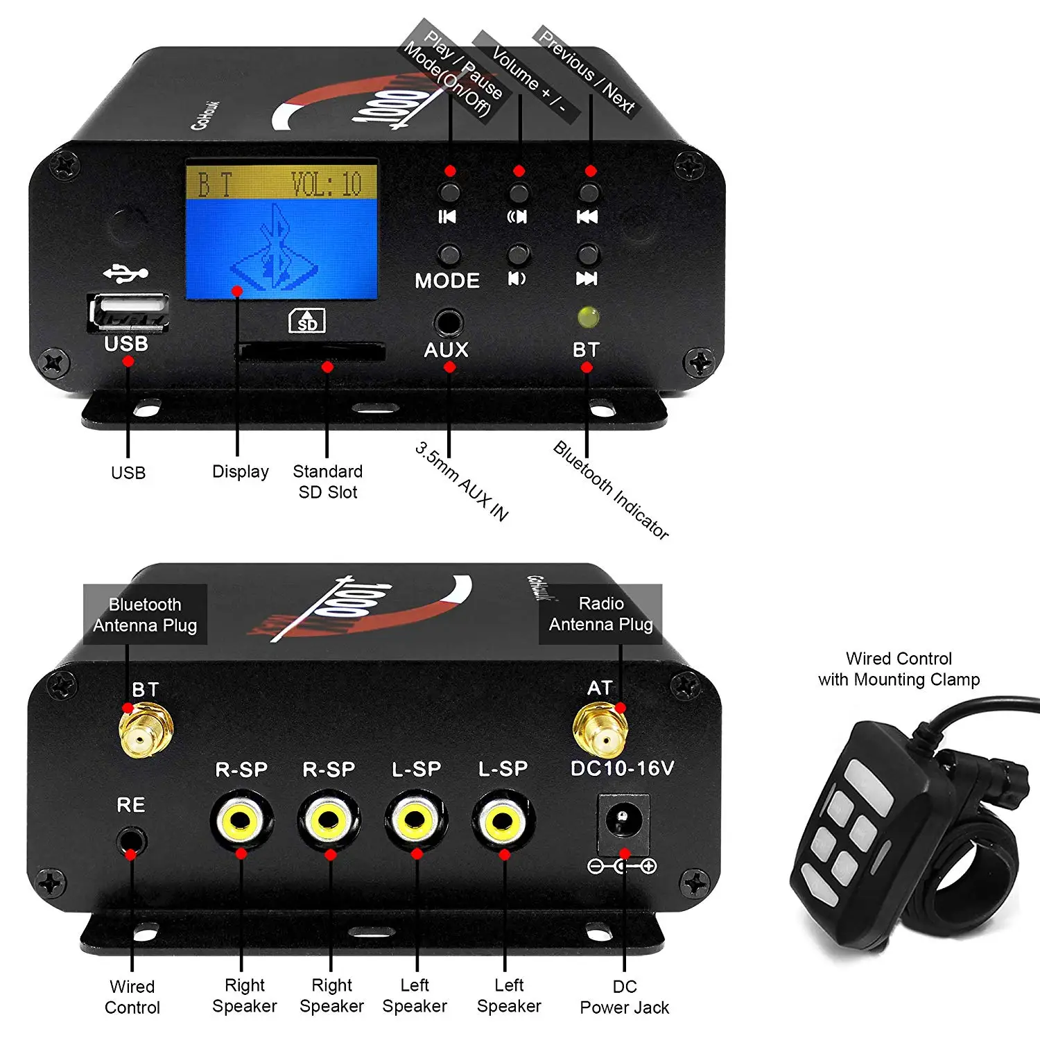Aileap 1000W мотоцикл аудио 4 канальный усилитель колонки Системы, Поддержка, Bluetooth, AUX, FM радио, sd-карта, USB Стик(хром