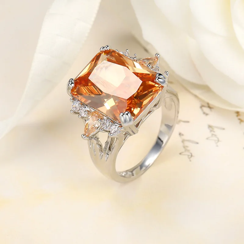 Классическое большое кольцо с фианитами шампанского, большое кольцо с оранжевым кристаллом, роскошное цветное кольцо с фианитами, женское ювелирное изделие