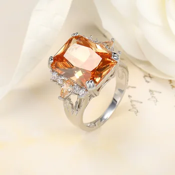 

Classic Big Champagne CZ Stone Ring Large Single Orange Crystal CZ Cut Luxury Plata color Ring Women Jewelry