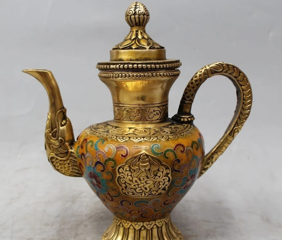 

8" Marked Chinese Cloisonne Purple Bronze Dragon Wine Tea Pot Flagon Statue